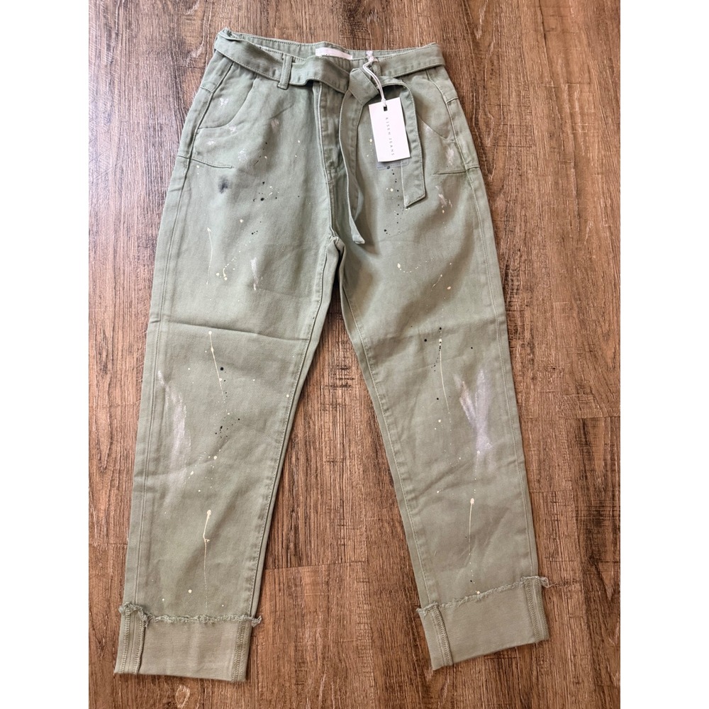 Risen Jeans Sage Green Paint Splatter Tie Waist Pants Size 3/26 NWT